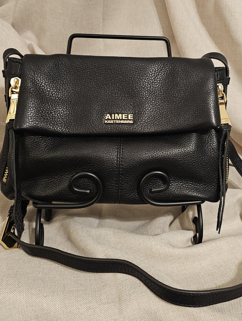 Aimee Kestenberg Black Pebbled Leather Flap Crossbody with Gold Hardware